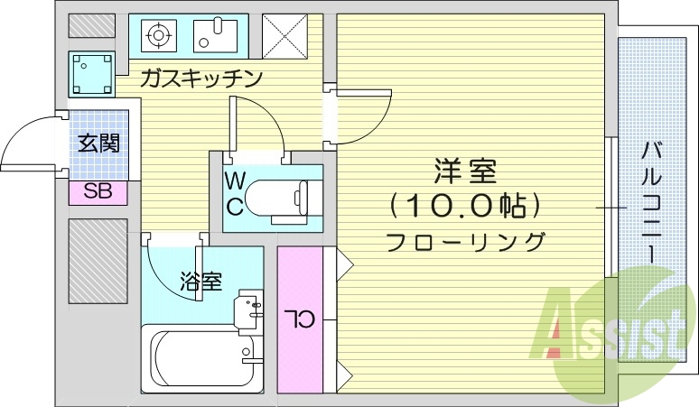 1K、都市ガス、バルコニー、ガスキッチン、バストイレ別
