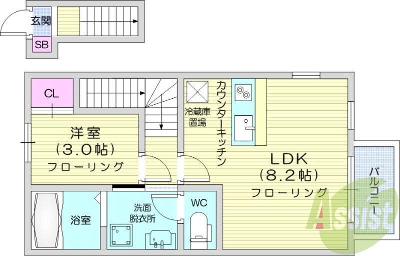 1LDK、バルコニー、浴室乾燥機、追い焚き.