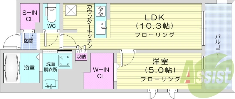 1LDK、ウォークインクローゼット、バルコニー。