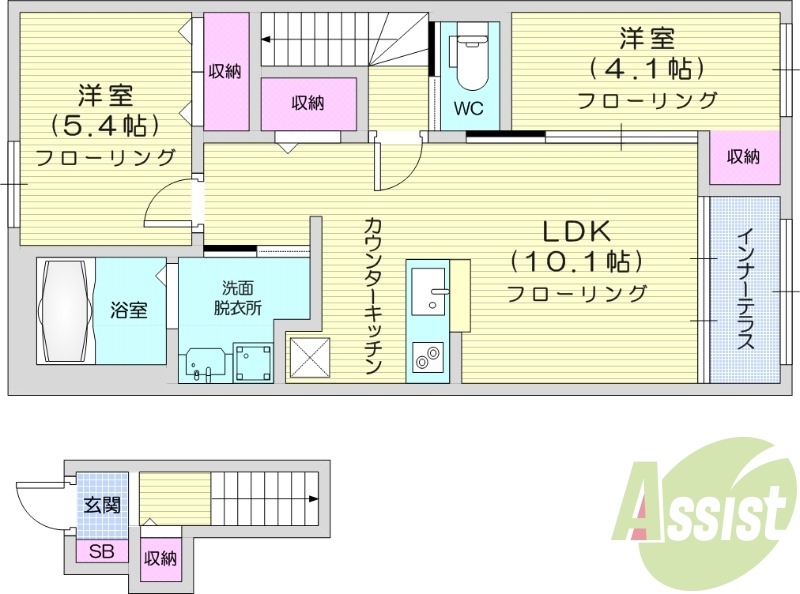 2LDK、インナーテラス、エアコン2台、ネット無料。