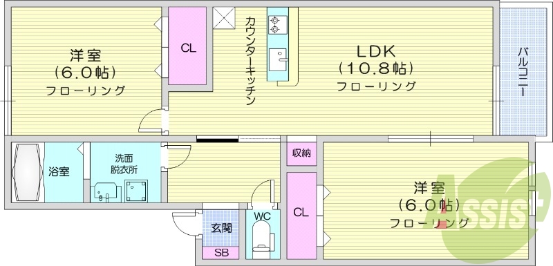 2LDK、ペット可、エアコン、カウンターキッチン。