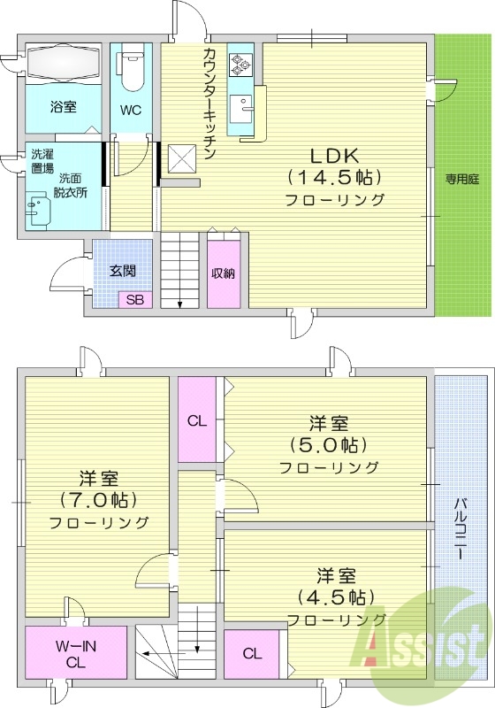 3LDK、ペット飼育可、戸建て、専用庭。