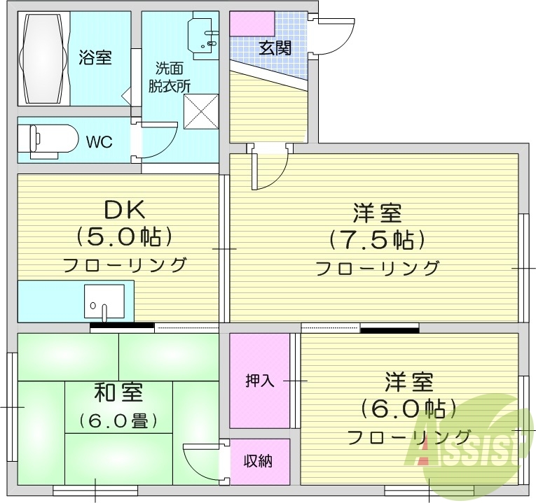 3DK、独立洗面台、バルコニー、※反転いたします