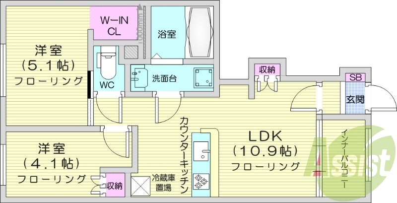 2LDK、ネット無料、独立洗面台、浴室乾燥機。