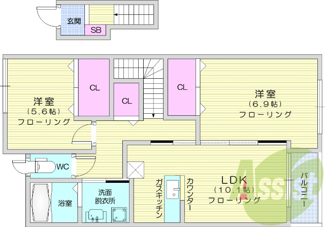 2LDK、フローリング、エアコン、TV付インターホン
