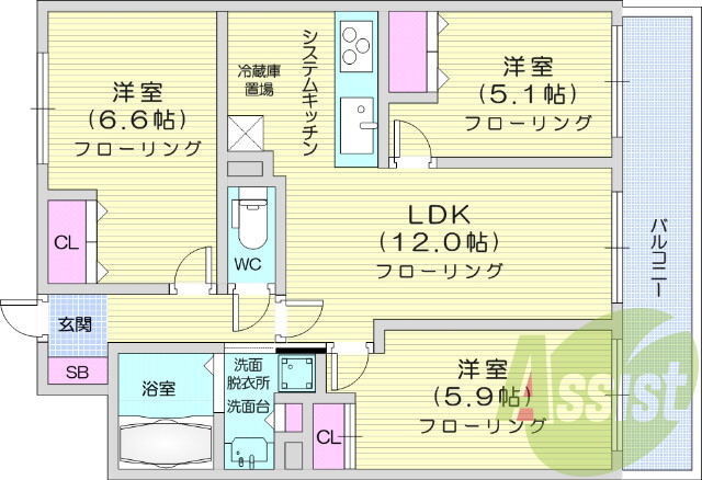 ３LDK、システムキッチン、エアコン、バルコニー