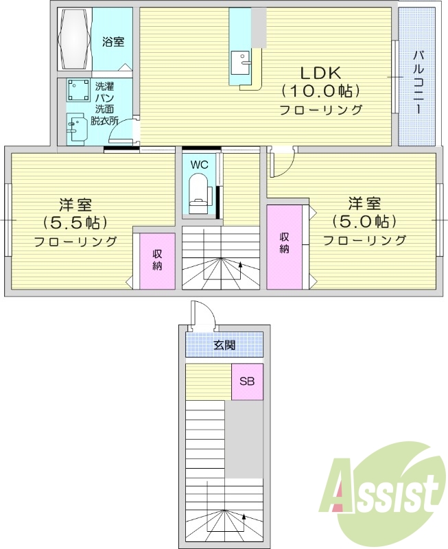 2LDK、連帯保証人不要、浴室乾燥機、南向き