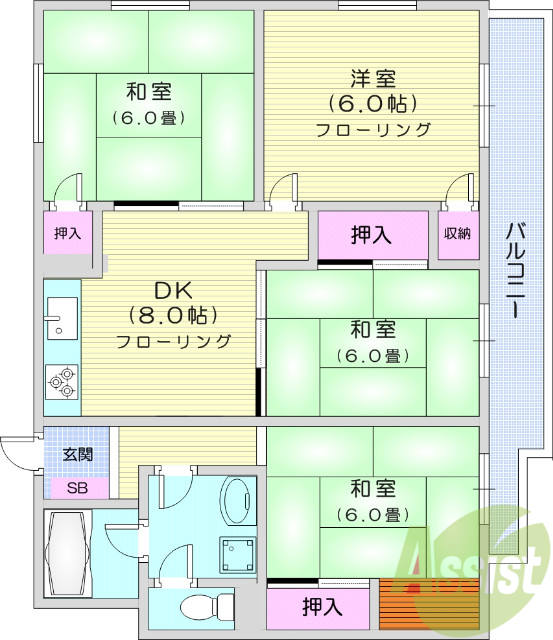 4DK、エアコン、室内洗濯機置場、トイレ浴室別、収納
