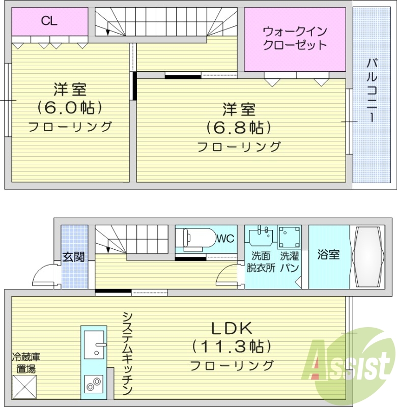 2LDK、メゾネット、追い焚き機能、浴室乾燥