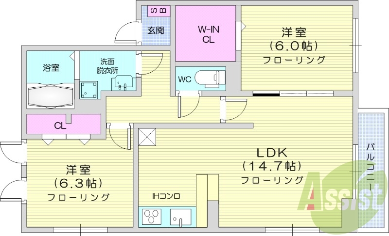 ２LDK、インターネット無料、ウォークインクロネーゼット付き