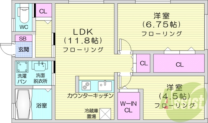 2LDK、フローリング、エアコン２台、カウンターキッチン