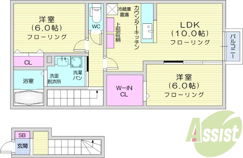 2LDK、全室フローリング、追い焚き機能付給湯器