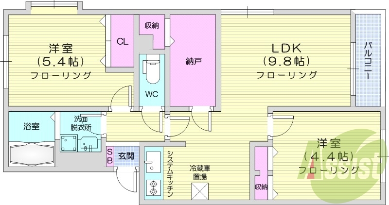 2LDK、システムキッチン、フローリング、エアコン。