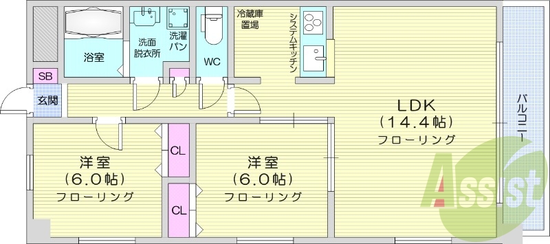 2ＬＤＫ、IHクッキングヒーター、カウンターキッチン。