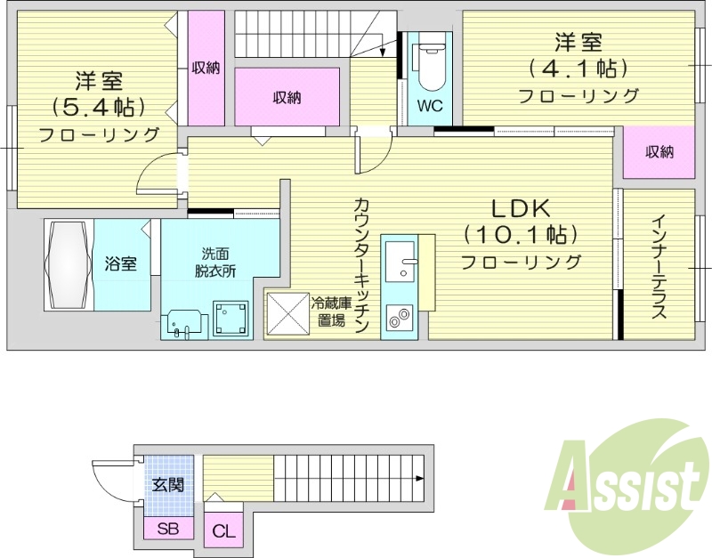 2LDK、浴室乾燥機、インナーバルコニー。