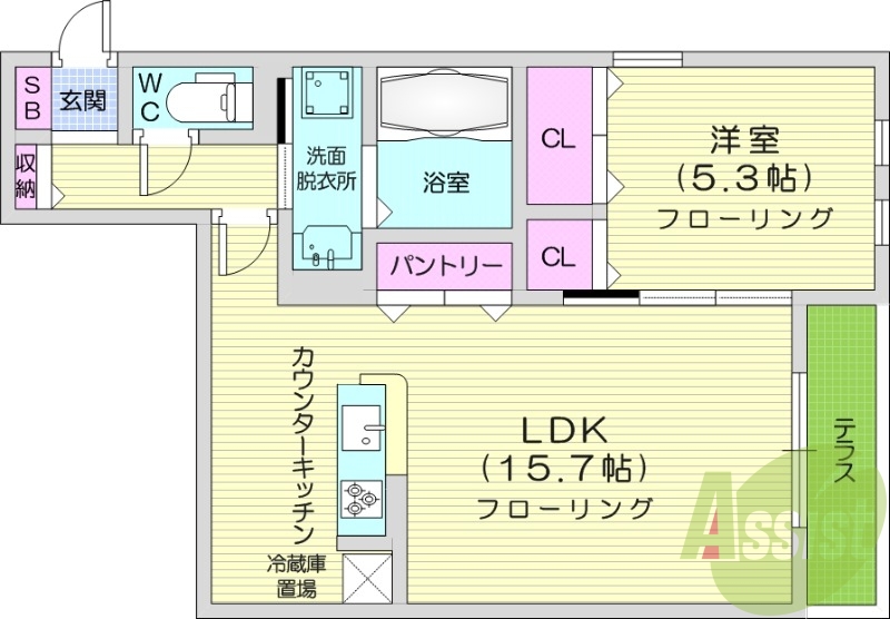 １LDK、テラス、駅徒歩１分、ネット無料