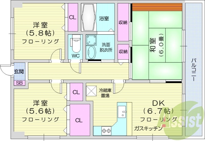3DK、都市ガス、室内洗濯機置場、物置