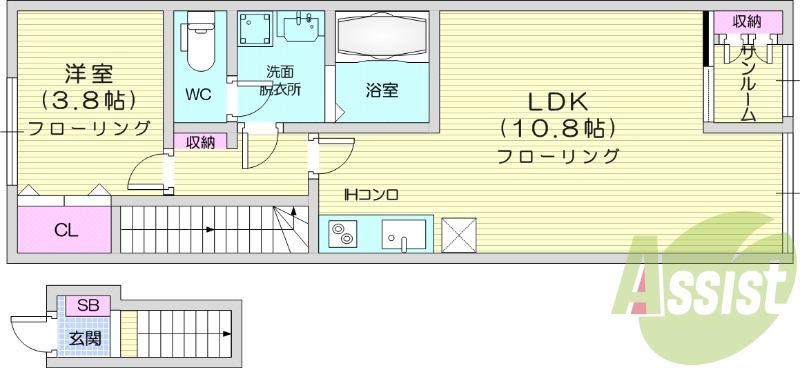 1LDK、サンルーム、エアコン2台付、　