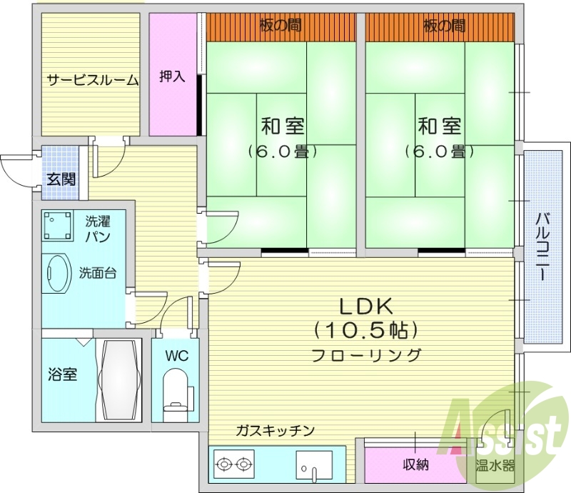 2SLDK、都市ガス、オートロック、エレベーター、