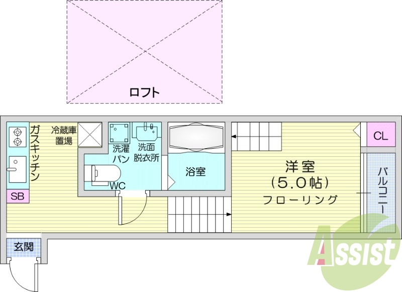 1R+ロフト、バルコニー、洗面所独立、ロフト