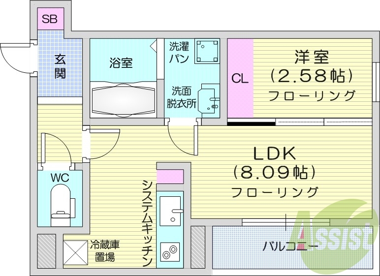 1LDK、都市ガス、IHコンロ、追い焚き、浴室乾燥