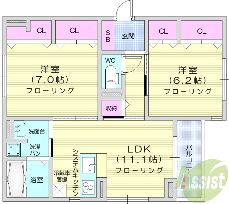 2LDK、バストイレ別、オートロック、ペット相談