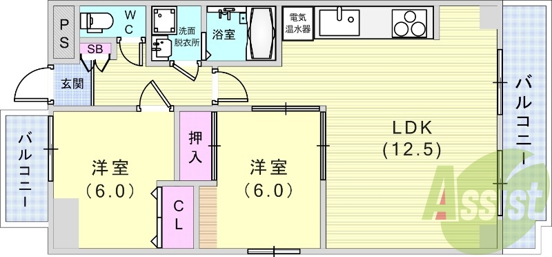 2LDK（61平米）システムキッチン・独立洗面台・浴室乾燥機