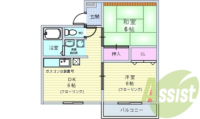 2DK（46.08平米）独立洗面台・TVインターホン・押入れ