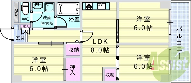 3DK（５８平米）エアコン、システムキッチン、エレベーター