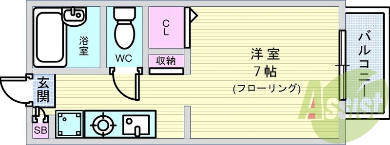 1K（21平米）お風呂・トイレ別、1口ガスコンロ付