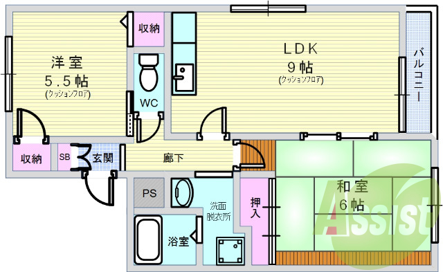 2DK（５４．７７平米）独立洗面・室内洗濯パン・ガスキッチン