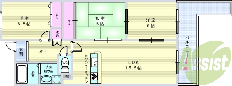 ３ＬＤＫ（75平米）カウンターキッチン・独立洗面台・収納