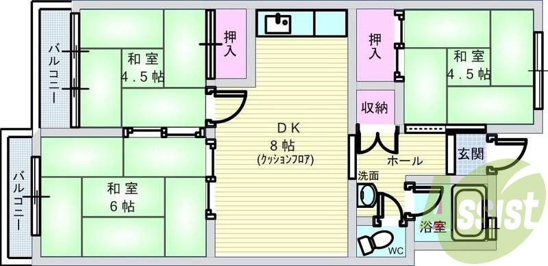 ３DK（４８．６８平米）ガスキッチン・風呂トイレ別々・押入