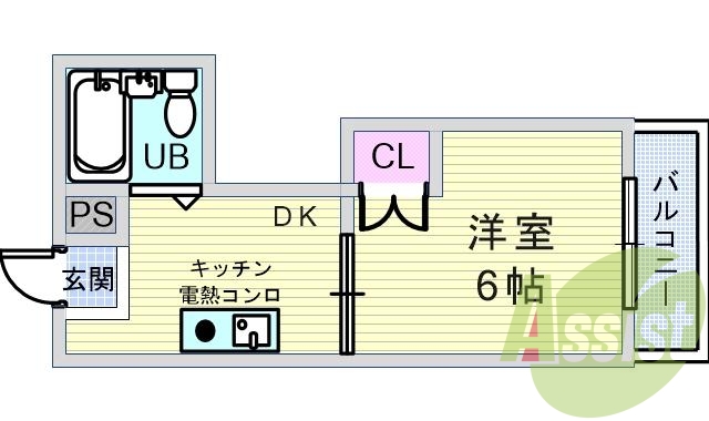 1Ｋ「17.5平米」・エアコン・ユニットバス・電熱コンロ。