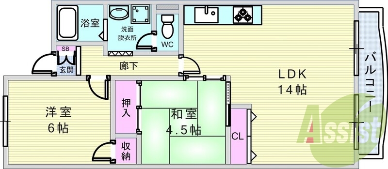 2LDK・最上階・南向き・システムキッチン・室内洗濯機置場