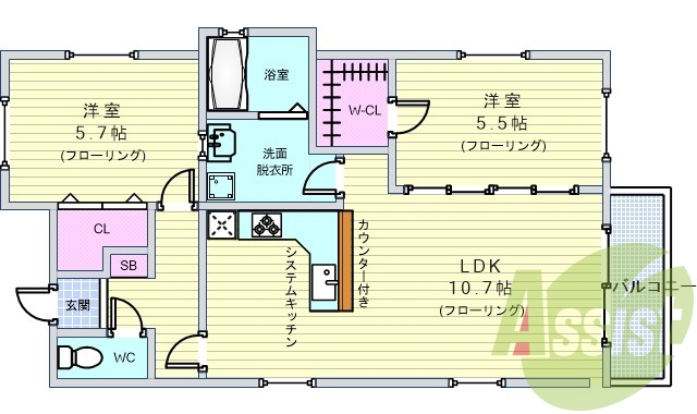 2LDK・3口システムキッチン(カウンターキッチン)・追焚き