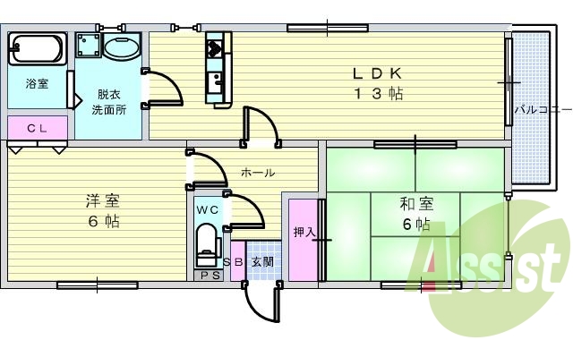 ２ＬＤＫ（５３．４６平米）３口コンロカウンターキッチン