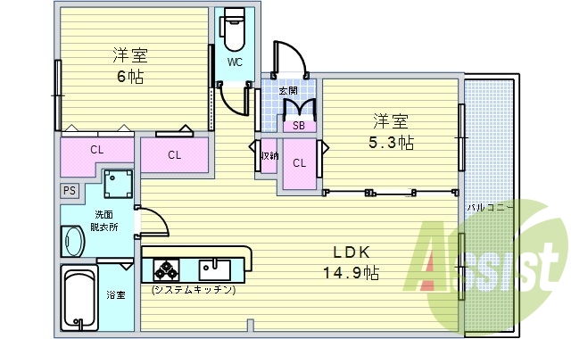 2LDK（60.85平米）浴室乾燥・システムキッチン
