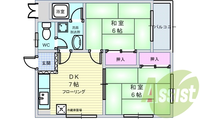 2DK・室内洗濯機置場・追炊き・フローリング