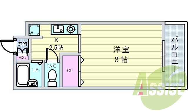 1K・システムキッチン・室内洗濯機置場・エアコン