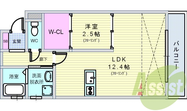 １ＬＤＫ・４０.７４平米・角部屋・システムキッチン対面式