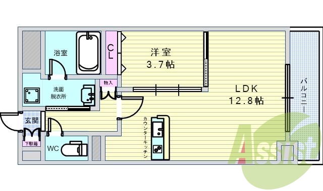 １LDK（40.42平米）カウンターキッチン、オール電化