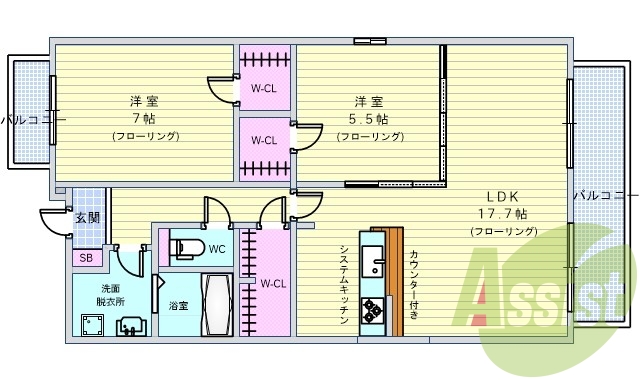 2LDK・二面バルコニー・ウォークインクローゼット・角部屋