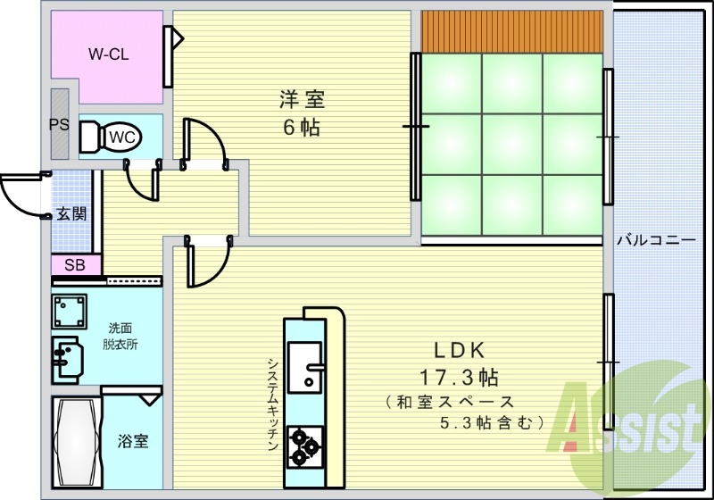1LDK（52.55平米）システムキッチン・洗髪洗面化粧台