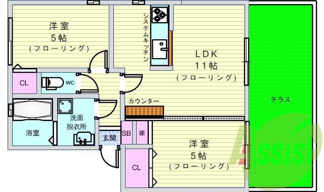 2ＬＤＫ（45.60平米）システムキッチン・追い焚き
