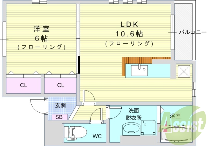 1LDK（40.93平米）カウンターキッチン・独立洗面台