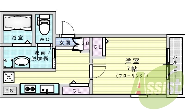 1K（30.88平米）システムキッチン・洗髪洗面化粧台・SB