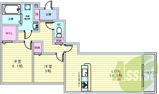 ２ＬＤＫ（６０．８４平米）システムキッチン・シャンドレ
