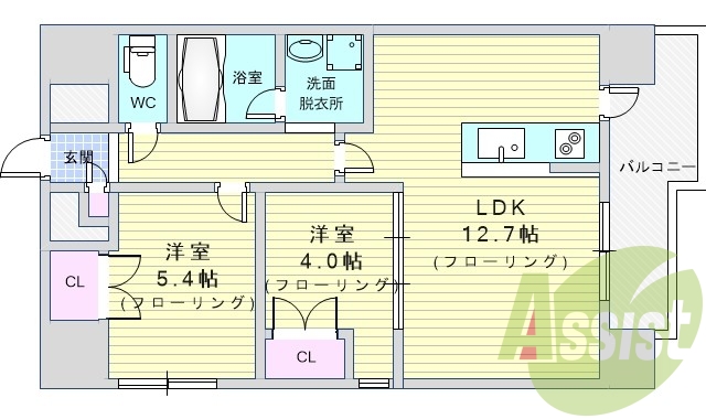 2LDK（54平米）IHキッチン・カウンターキッチン・収納