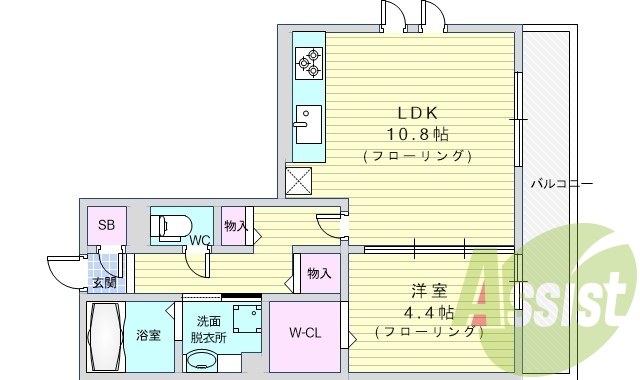 1LDK（40平米）システムキッチン・独立洗面台